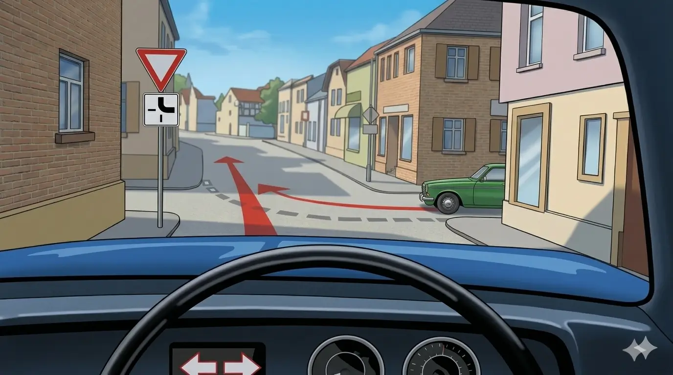Driver's view approaching a yield sign with a priority road sign and a green car on the right